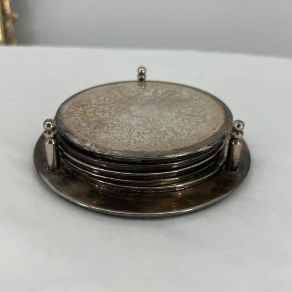 Vintage Silver Plated Coaster Set with Holder